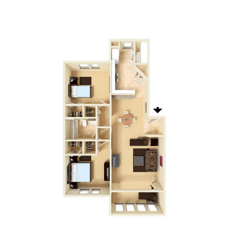 Floor plan for 2 beds, 1 bath, 836 sqft